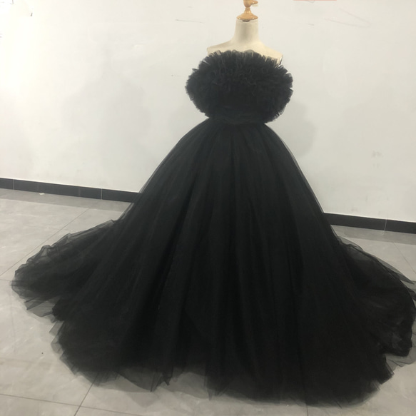 送料無料！エレガント 黒 パーティードレス ソフトチュール ロング  