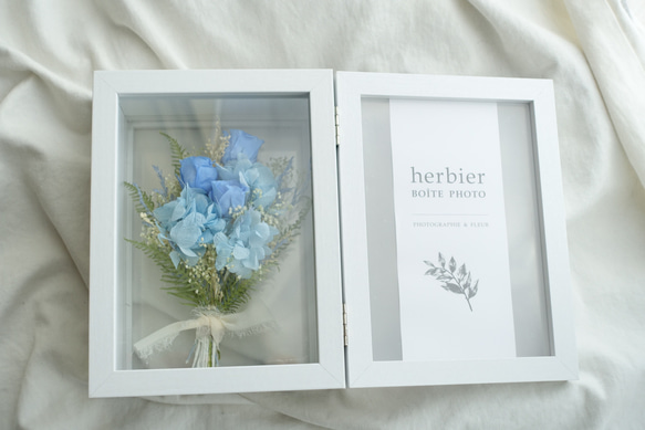 ご結婚のお祝いにおすすめ　サムシングブルー　プリザーブドフラワーブーケ写真立て/2Lサイズ 電報/祝電 5枚目の画像