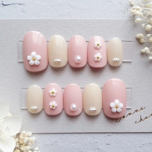 サイズオーダー】パール×フラワーの清楚系ネイルチップ（ピンク×ミルク  