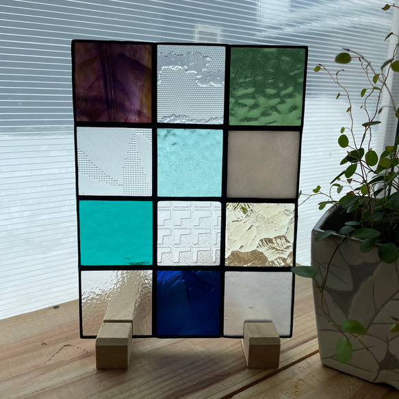 ステンドグラス　パネル　大正ロマン　格子戸×2 3枚目の画像