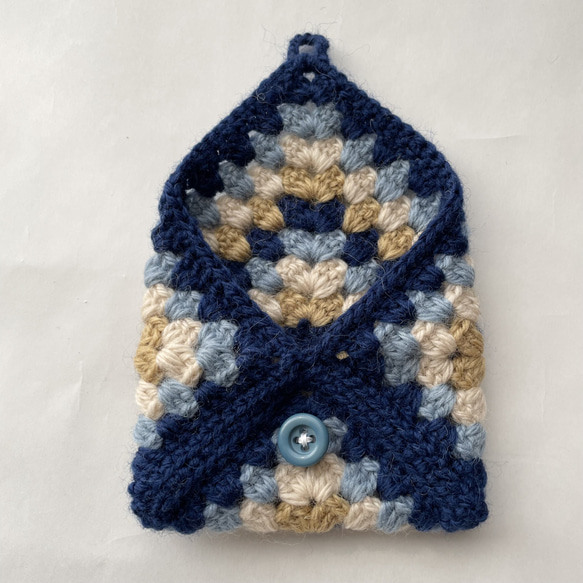 小さな手編みモチーフのポーチ　ミニ　レトロ　ブルー⑤ 3枚目の画像