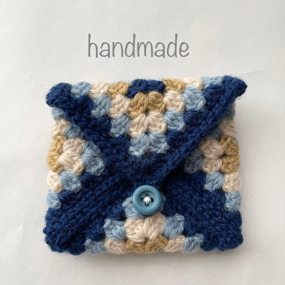 小さな手編みモチーフのポーチ　ミニ　レトロ　ブルー⑤ 1枚目の画像