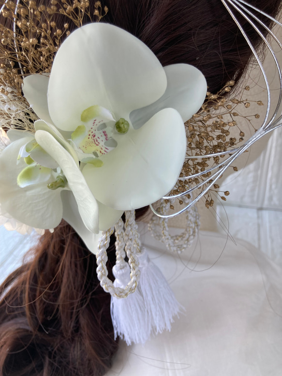格調高い胡蝶蘭の気品あふれるヘッドドレス（ウエディング／成人式／髪飾り25点セット） 4枚目の画像