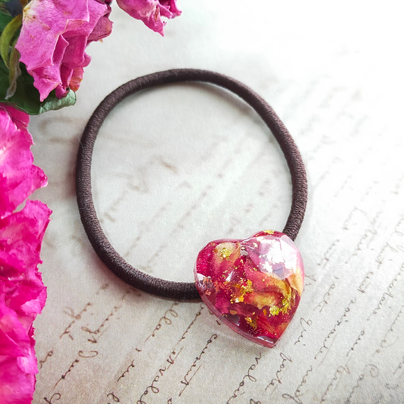 ピンクパーツフラワーハートレジンヘアゴム ヘアゴム No.76 ピンクパーツフラワーハートレジンヘアゴム