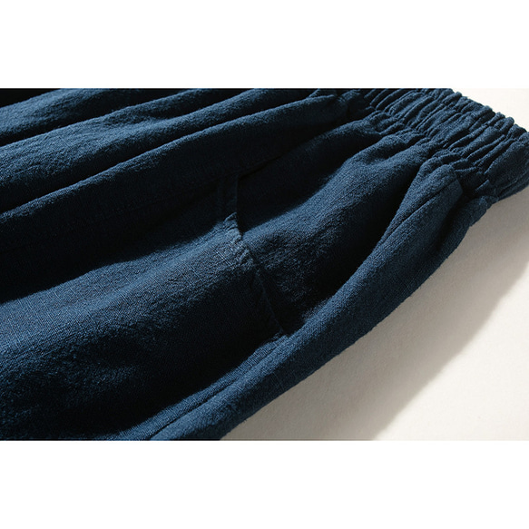 綿麻パンツ　中厚ロングパンツ　個性裾デザイン　ゆとりパンツ　ゴムウエスト　ネイビー　 S-LサイズL150NV 4枚目の画像