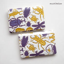 【新品】文庫皮革“日本昆蟲系列”雙面名片夾/通行證名片夾（黃×紫） 第1張的照片