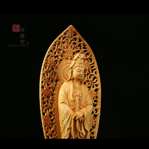 仏教美術　米林菊彫人作　木彫　聖観世音菩薩像　仏像　共箱　V　R6142B 木彫り 仏像 持珠観音菩薩立像 彫刻 仏教工芸品 柘植材 仏師で仕上げDS