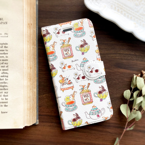 Rabbit Tea手帳型スマホケース（iPhone/Android全機種対応）うさぎ＆紅茶 2枚目の画像