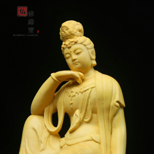 極上彫 木彫り 仏像 自在観音菩薩座像 柘植材 仏教工芸 精密彫刻 CF