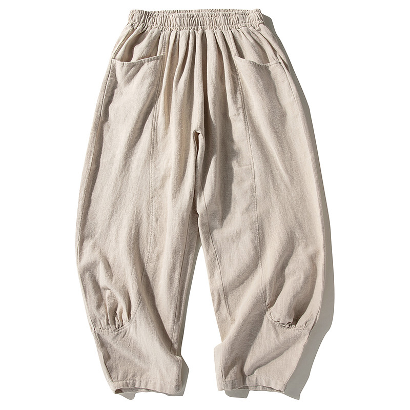 綿麻パンツ　中厚ロングパンツ　個性裾デザイン　ゆとりパンツ　ゴムウエスト　ベージュ　 S-LサイズL150BE