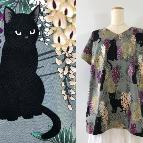 セール 百華繚蘭 新作 M~3L程 猫 チュニック 綿100 藤と黒猫 両