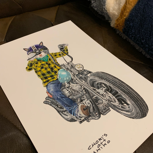 バイクに乗るハチワレ3/絵/絵画/A4/アクリル画/手書き/原画/猫