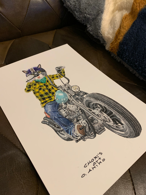 バイクに乗るハチワレ3/絵/絵画/A4/アクリル画/手書き/原画/猫/バイク 8枚目の画像