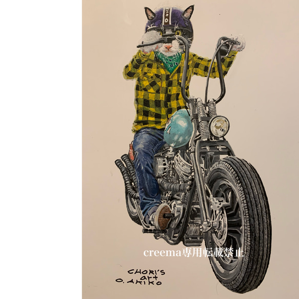 バイクに乗るハチワレ3/絵/絵画/A4/アクリル画/手書き/原画/猫/バイク 1枚目の画像