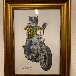 バイクに乗るハチワレ3/絵/絵画/A4/アクリル画/手書き/原画/猫/バイク 9枚目の画像