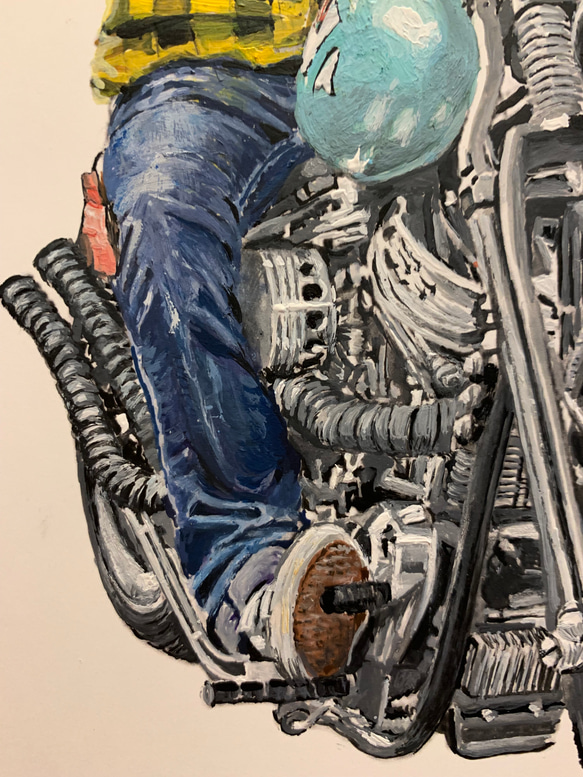 バイクに乗るハチワレ3/絵/絵画/A4/アクリル画/手書き/原画/猫/バイク 5枚目の画像