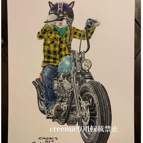 バイクに乗るハチワレ3/絵/絵画/A4/アクリル画/手書き/原画/猫/バイク