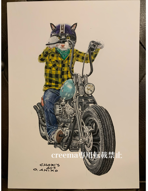 バイクに乗るハチワレ3/絵/絵画/A4/アクリル画/手書き/原画/猫/バイク 3枚目の画像