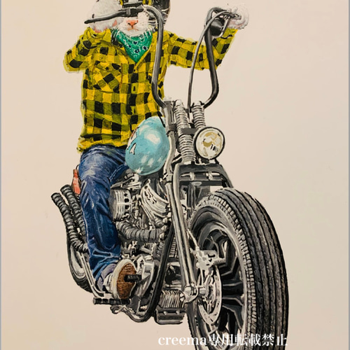 バイクに乗るハチワレ3/絵/絵画/A4/アクリル画/手書き/原画/猫