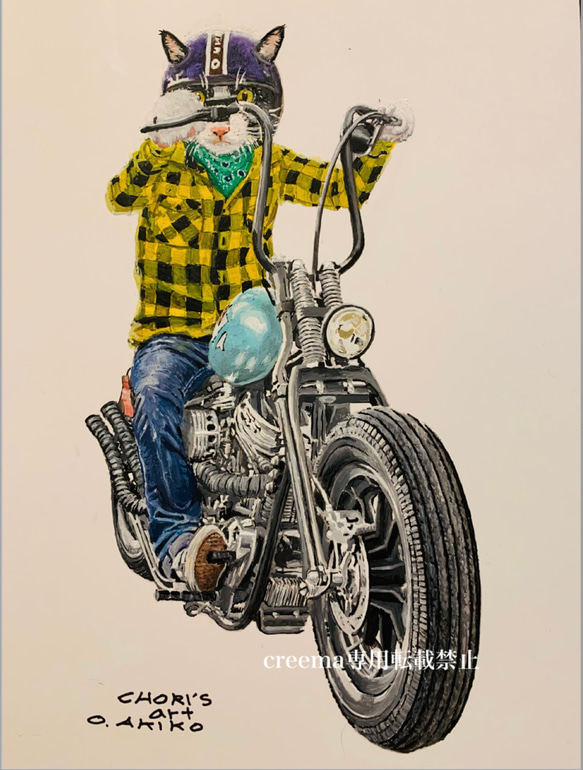 バイクに乗るハチワレ3/絵/絵画/A4/アクリル画/手書き/原画/猫/バイク 2枚目の画像