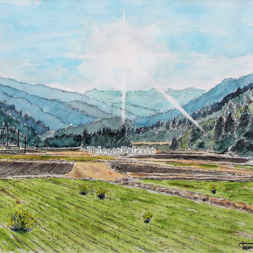 原画一点物 「早春の里山」＜ペンスケッチ＋透明水彩＞ 絵画 Takashi.A