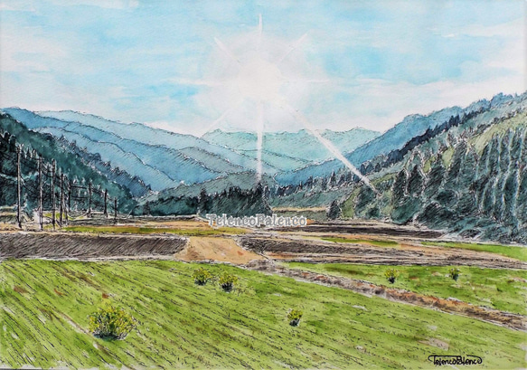 原画一点物 「早春の里山」＜ペンスケッチ＋透明水彩＞ 絵画 Takashi.A