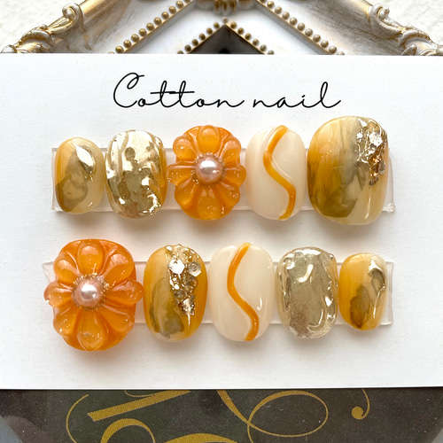 ネイルチップオーダー ニュアンス ぷっくりフラワー ミラー 振袖