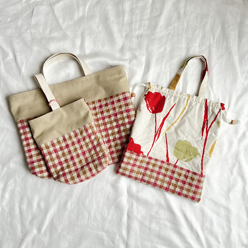 赤とベージュのチェック 入園入学セット 3点セット 入園グッズ 通園