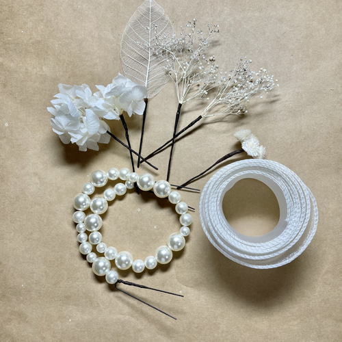 パール&リボン】ドライフラワー ヘアアクセサリー 結婚式 卒業式