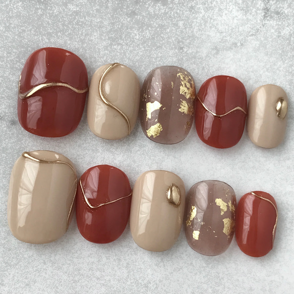 ネイルチップ こっくりレッドとクリアブラウンのニュアンスネイル 赤  