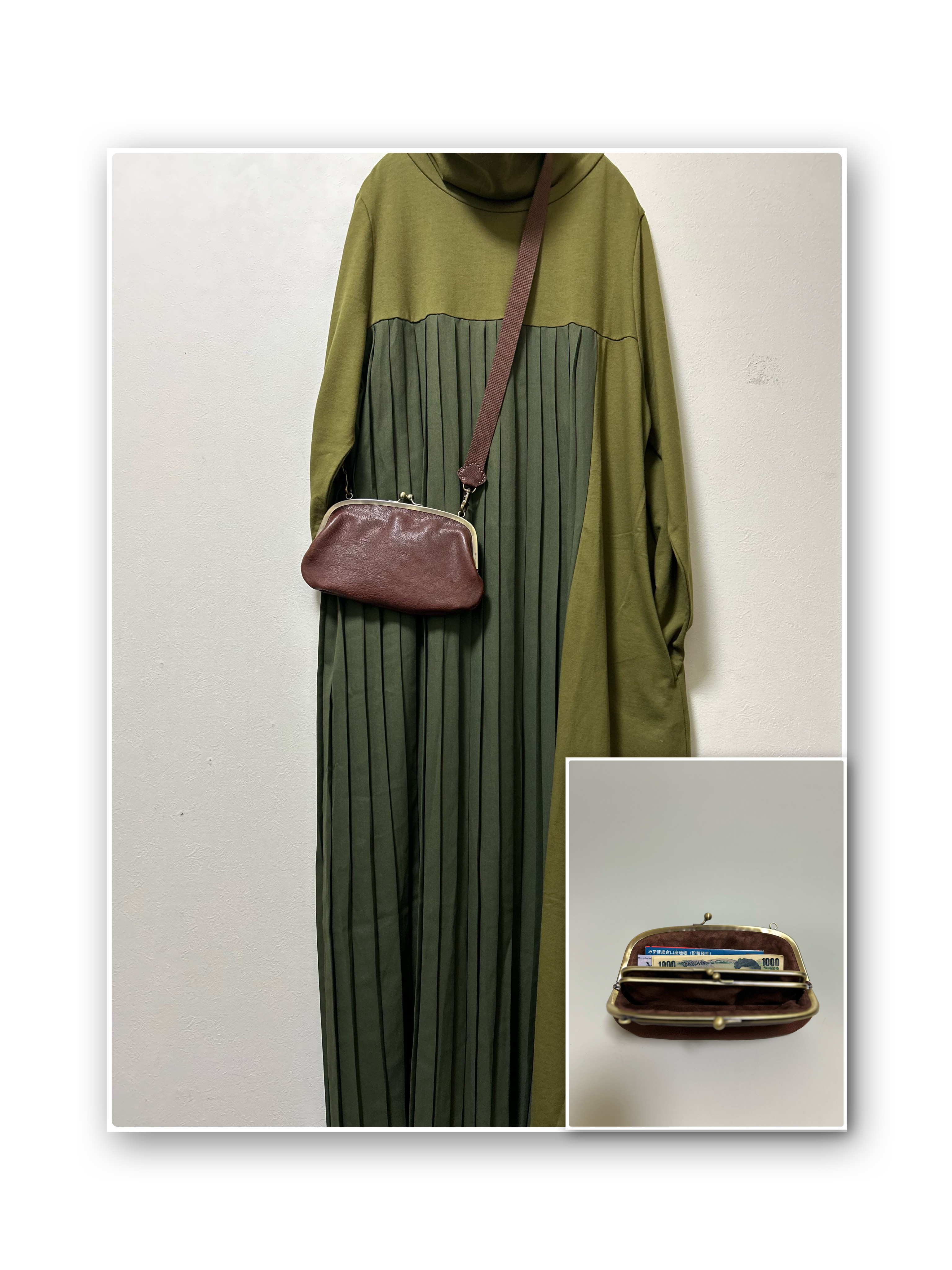 姫路レザー携帯が入る2way親子がま口◆焦げ茶　スマホショルダー　ポシェット   車掌バック　ショルダー　送料無料 8,760円