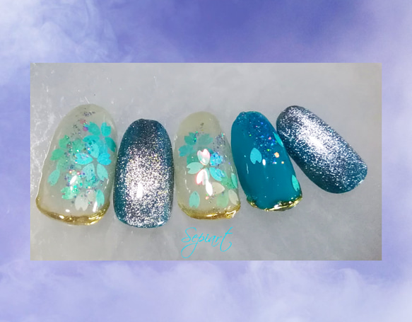 ジェルネイルチップ☆付け爪〜春ネイル~ブルー 桜×マグネット ジェルネイルチップ☆付け爪〜春ネイル~ブルー 桜×マグネット