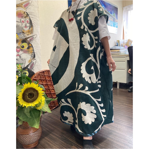古布筒書きと藍のリバーシブルワンピース 古布リメイク