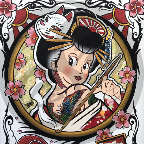 尾九 吉祥画 花魁 花札 花見で一杯 A4サイズ 簡易フレーム付き