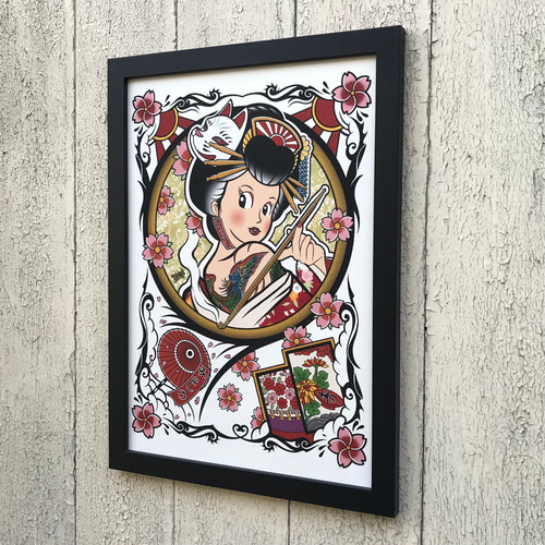 尾九 吉祥画 花魁 花札 花見で一杯 A4サイズ 簡易フレーム付き