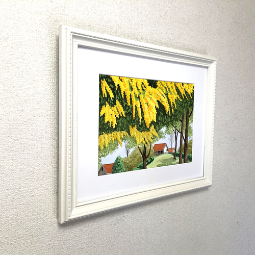 ミモザの咲く丘」透明水彩画 原画 風景画 額縁付 A4サイズ 絵画 ミモザの咲く丘」透明水彩画 原画 風景画 額縁付 A4サイズ 絵画