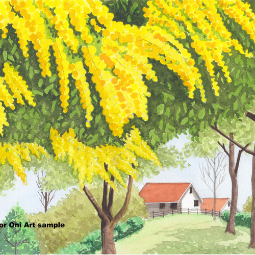 ミモザの咲く丘」透明水彩画 原画 風景画 額縁付 A4サイズ 絵画 ミモザの咲く丘」透明水彩画 原画 風景画 額縁付 A4サイズ 絵画