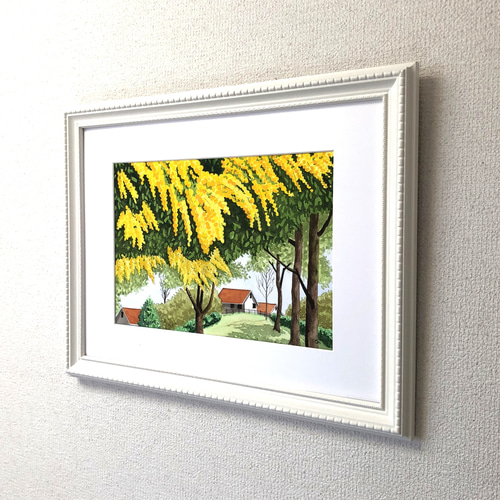 ミモザの咲く丘」透明水彩画 原画 風景画 額縁付 A4サイズ 絵画 ミモザの咲く丘」透明水彩画 原画 風景画 額縁付 A4サイズ 絵画
