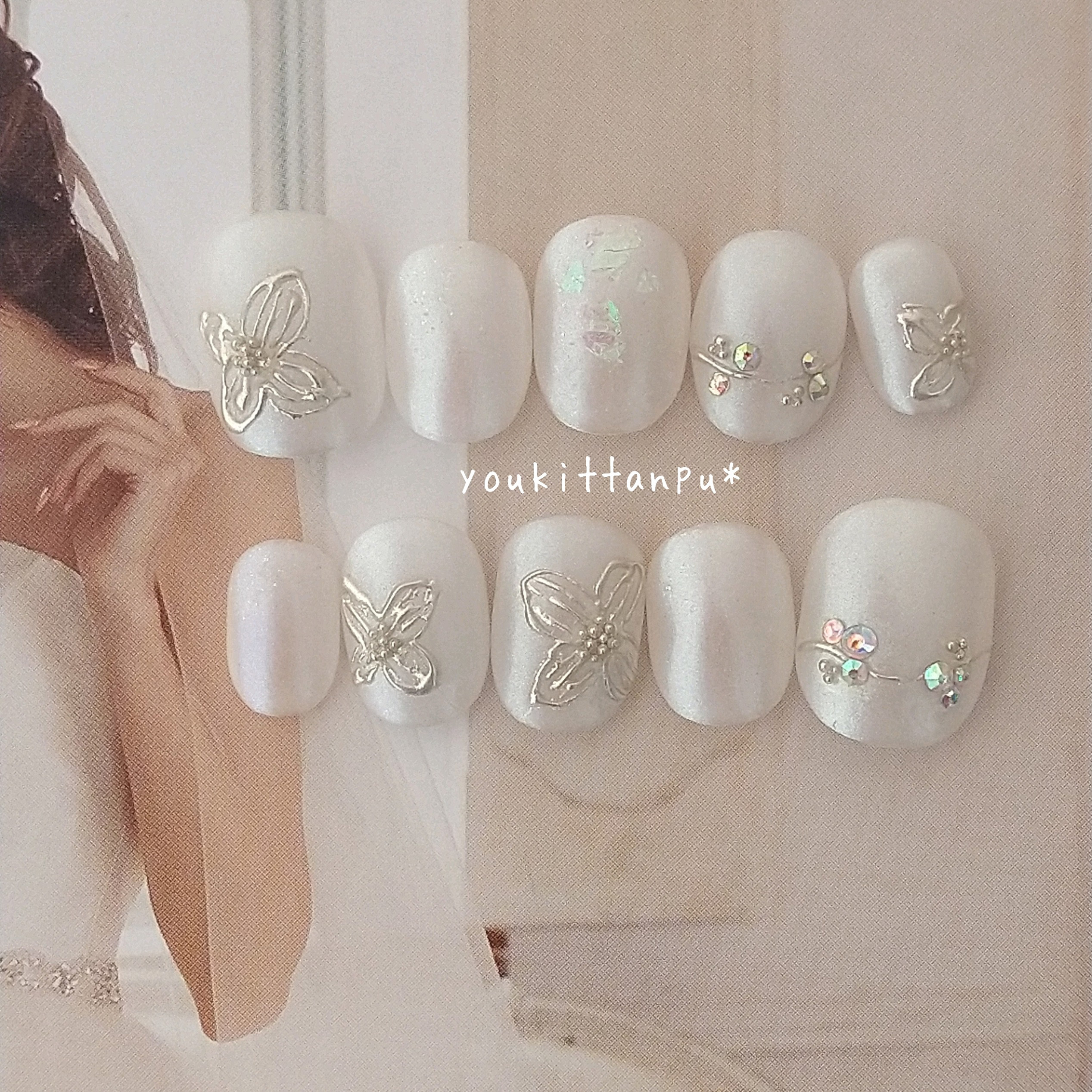 ネイルチップ＊ミラーフラワーⅡ＊つけ爪 結婚式 ブライダル ウェディング 白無垢 成人式 振袖 シンプル 花柄 春 夏