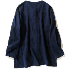 綿麻長袖トップス　柔らかい綿麻シャツ　レトロ　武術服　太極拳服　ノットボタン　ネイビー　L151NV 2枚目の画像