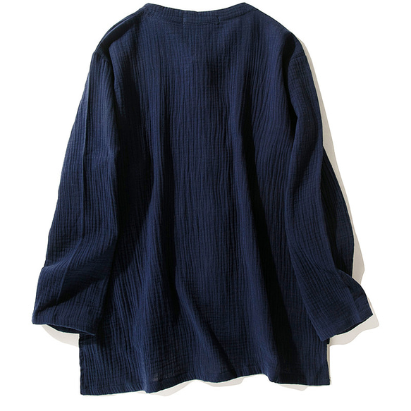 綿麻長袖トップス　柔らかい綿麻シャツ　レトロ　武術服　太極拳服　ノットボタン　ネイビー　L151NV 2枚目の画像