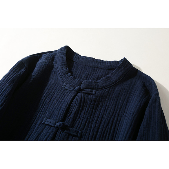 綿麻長袖トップス　柔らかい綿麻シャツ　レトロ　武術服　太極拳服　ノットボタン　ネイビー　L151NV 3枚目の画像