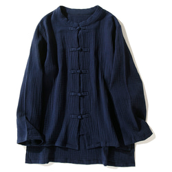 綿麻長袖トップス　柔らかい綿麻シャツ　レトロ　武術服　太極拳服　ノットボタン　ネイビー　L151NV 1枚目の画像