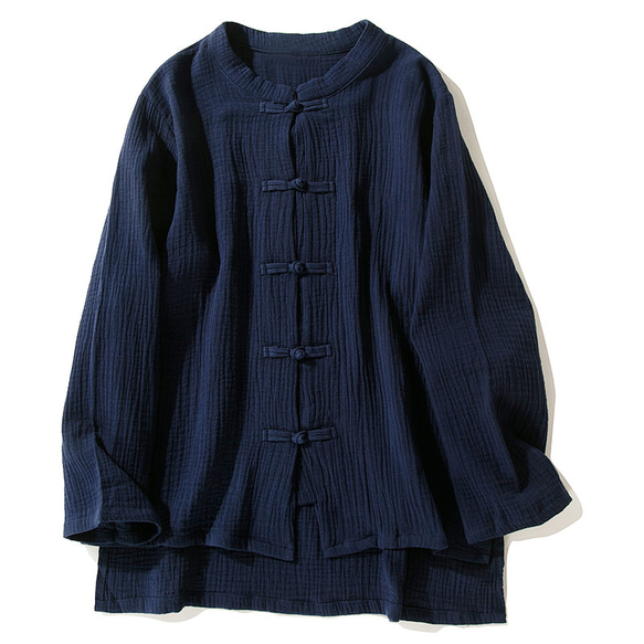 綿麻長袖トップス　柔らかい綿麻シャツ　レトロ　武術服　太極拳服　ノットボタン　ネイビー　L151NV 1枚目の画像