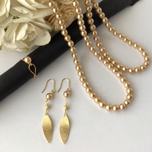 お得なアクセサリー3点セット ブライトゴールドパールロング  