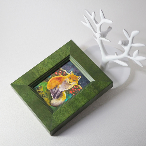 原画「花の灯り〜キツネ」イラスト・水彩画・ペン画・絵画・額入 絵画