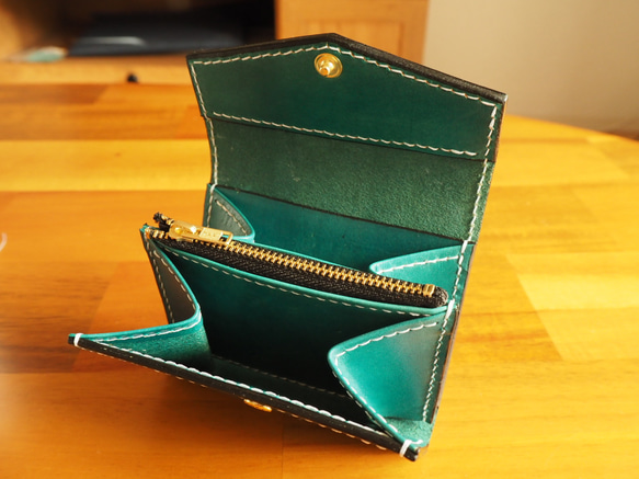 コンパクトウォレット  ミニ財布  姫路レザー  本革  ターコイズブルー 3枚目の画像