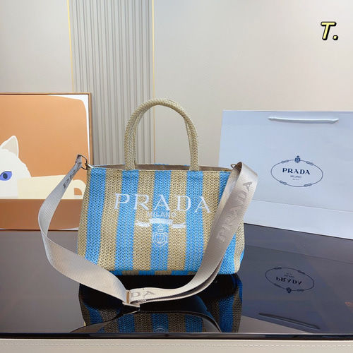 Pradaプラダ編み草ハンドバッグ&トートバッグのショッピングバッグ刺繡