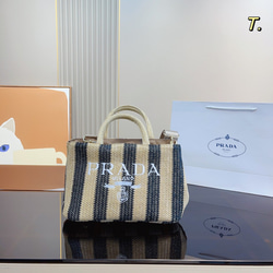 ☆PRADA刺 繍生地の小さなシンボルショッピングバッグ Prada Symbole Black Beige Embroidered Fabric Mini Jacquard