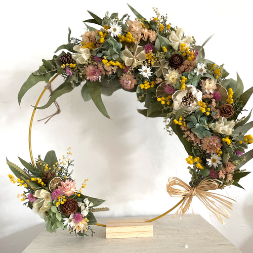 北欧風ゴールドフープ 春のミモザのドライフラワーリース ドライ  